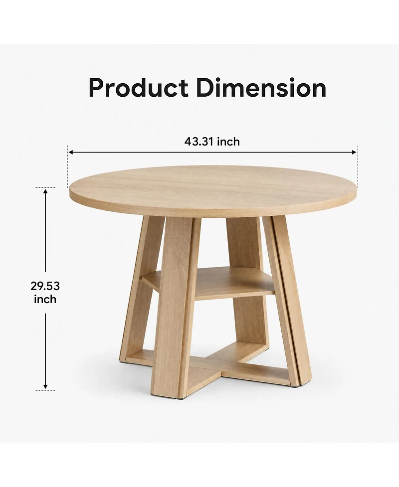 homfan Round Dining Table for 2-4, Pedestal Base with Storage Shelf, Space-Saving for Apartment