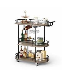 homfan 3-Tier Bar Cart on Wheels, Mobile Serving Cart with Wine Rack and Glass Holder