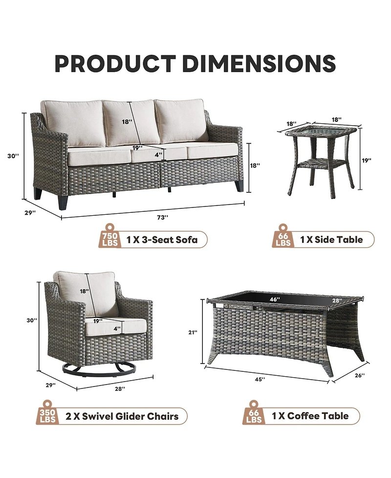Pocassy Wicker Patio Furniture Set with Swivel Rocker Chairs Outdoor Sofa and Rattan Coffee Table, 5 Pieces Conversation Sets