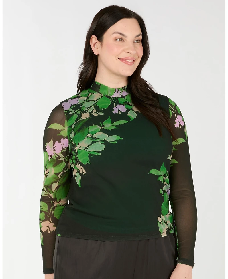 Estelle Women's Fiora Floral Sheer Long Sleeve Mock Neck Mesh Top