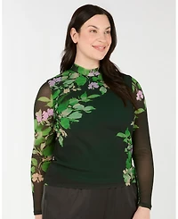 Estelle Women's Fiora Floral Sheer Long Sleeve Mock Neck Mesh Top