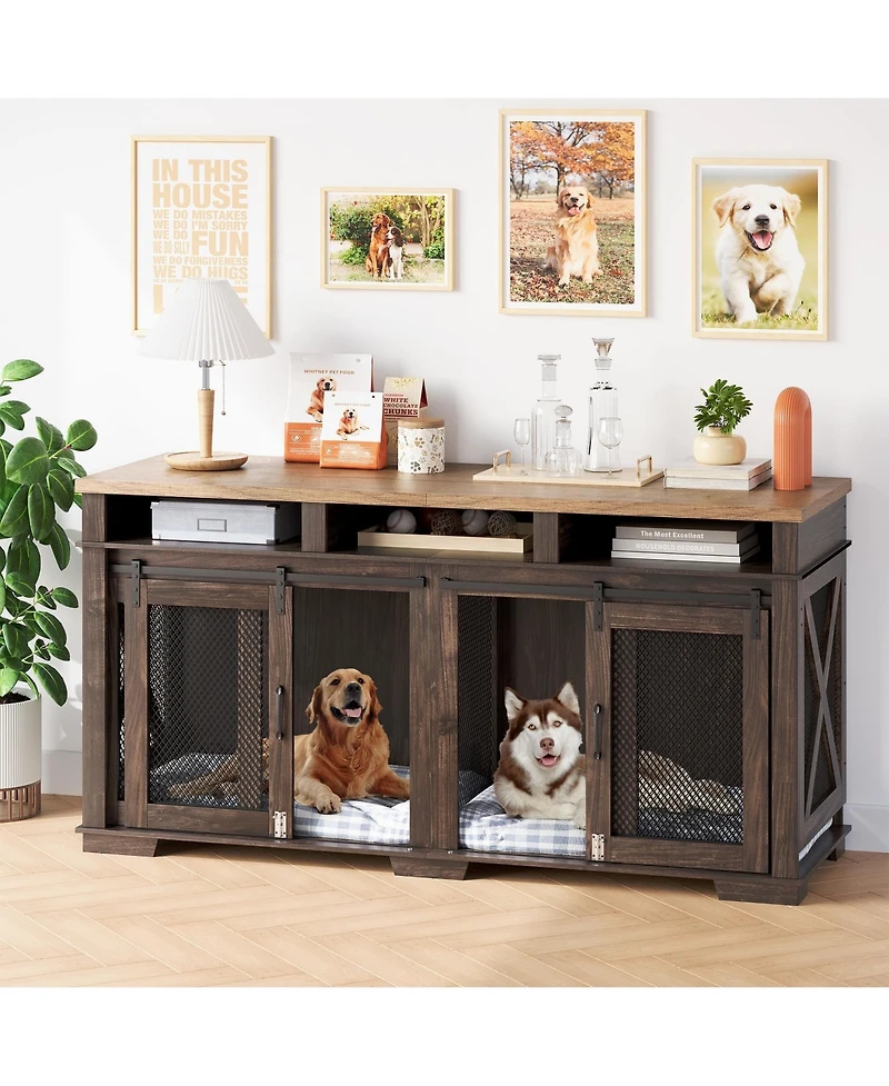 gaomon Adjustable Height Wooden Dog Crate Furniture End Table with 360 Rotating Feeder, Heavy Duty Dog Crate with 360 Wheels, Indoor Dog Kennel