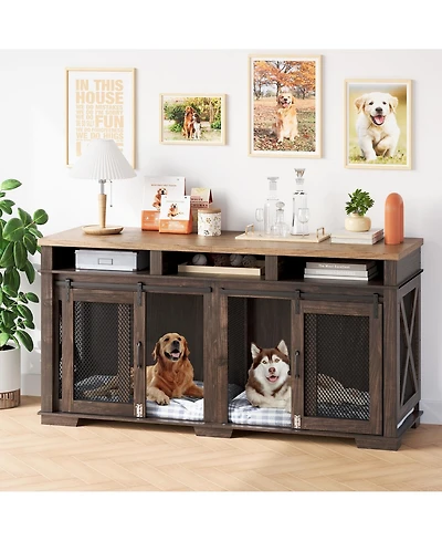 gaomon Adjustable Height Wooden Dog Crate Furniture End Table with 360 Rotating Feeder, Heavy Duty Dog Crate with 360 Wheels, Indoor Dog Kennel