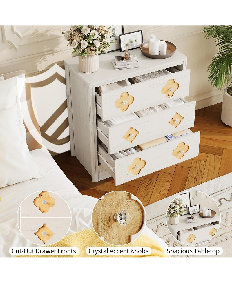 homfan 3-Drawer Vertical Dresser with Floral Cutout and Crystal Knobs