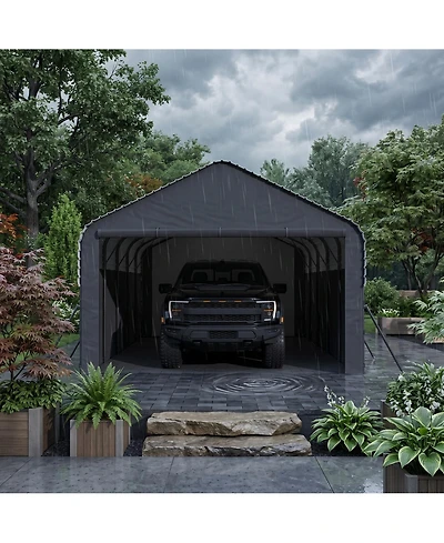 Homfan 12x24x9 Ft Heavy Duty Metal Carport, Powder-Coated Steel Frame with Color Coated Steel Roof, Front Door and Rear Door