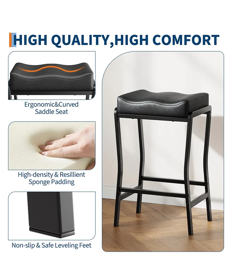 homfan Counter Height Barstool with Thick Faux Leather Seat, Metal Frame and Footrest - Modern Saddle Stool for Kitchen Island, Dining Room