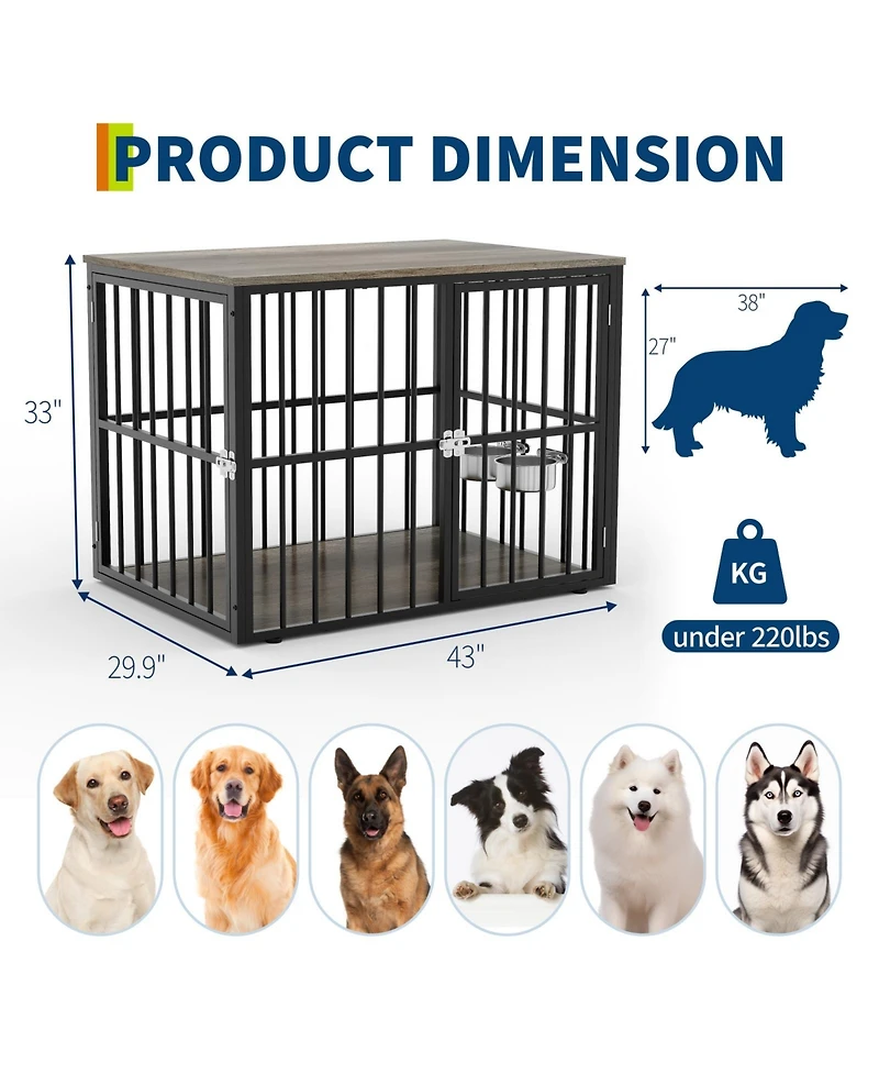gaomon Heavy Duty Wooden Dog Crate for Medium Large Dogs Double Doors, Adjustable Bowls, Modern Indoor Kennel End Table, Pet Cage, Console