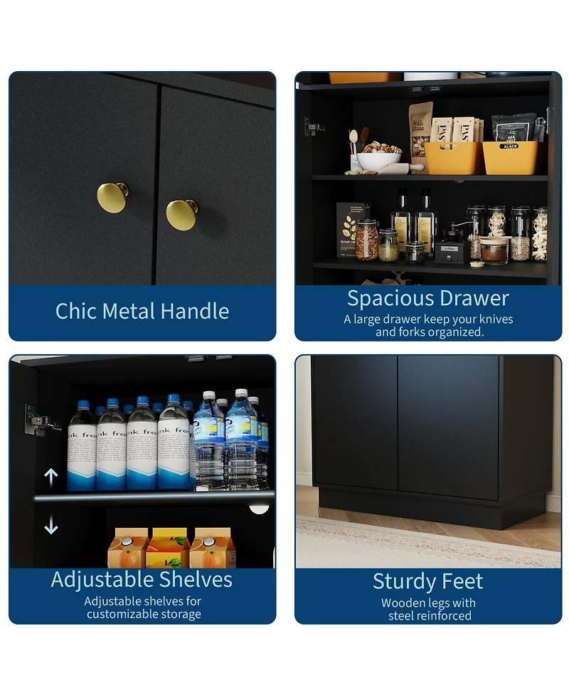 homfan 68" Black Kitchen Pantry Cabinet - 4 Adjustable Shelves and 4 Doors, Freestanding Storage for Kitchen or Living Room