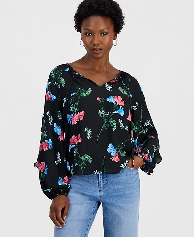 I.n.c. International Concepts Women's Petite Ruffle Floral-Print Long-Sleeve Blouse, Macy's Exclusive