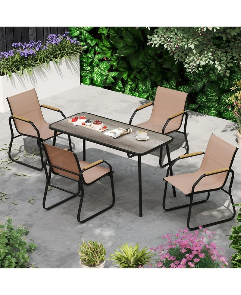 Gouun 5 Piece Patio Dining Set with 55 in Rectangular Wood-Look Table and 4 Fabric Sling Armchairs