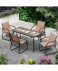 Gouun 5 Piece Patio Dining Set with 55 in Rectangular Wood-Look Table and 4 Fabric Sling Armchairs
