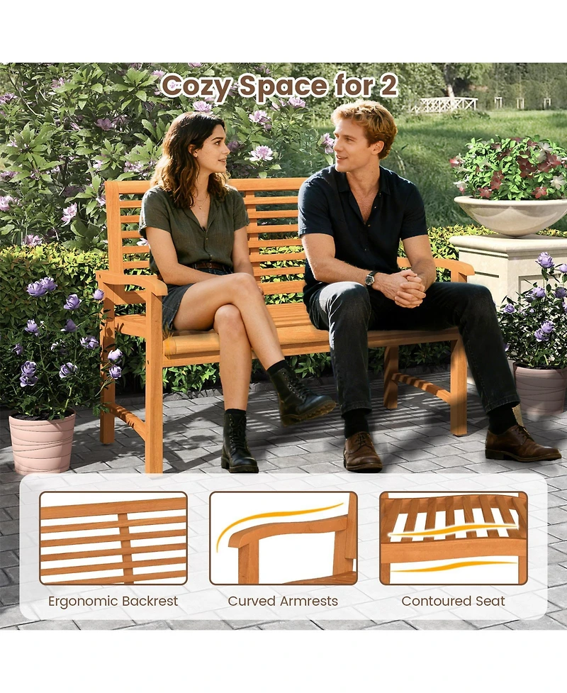 Sugift Teak Wood Outdoor Garden Bench with Slatted Backrest and Curved Armrests