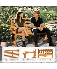 Sugift Teak Wood Outdoor Garden Bench with Slatted Backrest and Curved Armrests