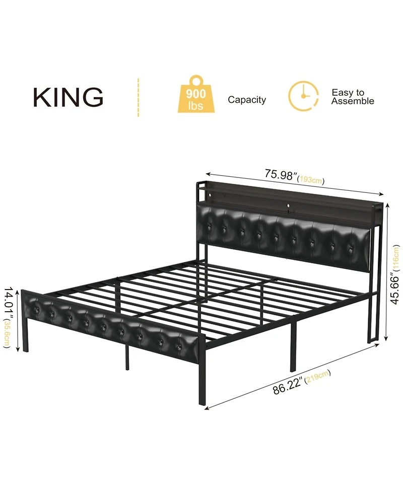 Hausource King/Twin Size Bed Frame with Storage Headboard & Charging Station Upholstered Platform Bed, King