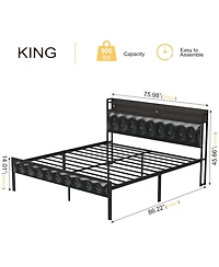 Hausource King/Twin Size Bed Frame with Storage Headboard & Charging Station Upholstered Platform Bed, King