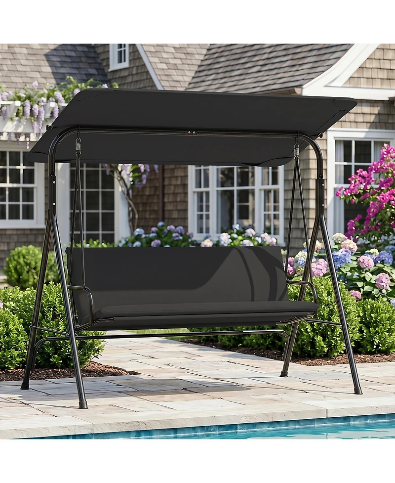 Gymax 3-Seat Outdoor Patio Swing Chair w/ ArmrestsAdjustable Tilt Canopy and Stand