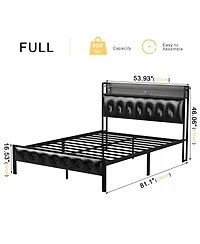 Hausource Full Size Bed Frame with Storage Headboard & Charging Station Platform Bed No Box Spring Needed