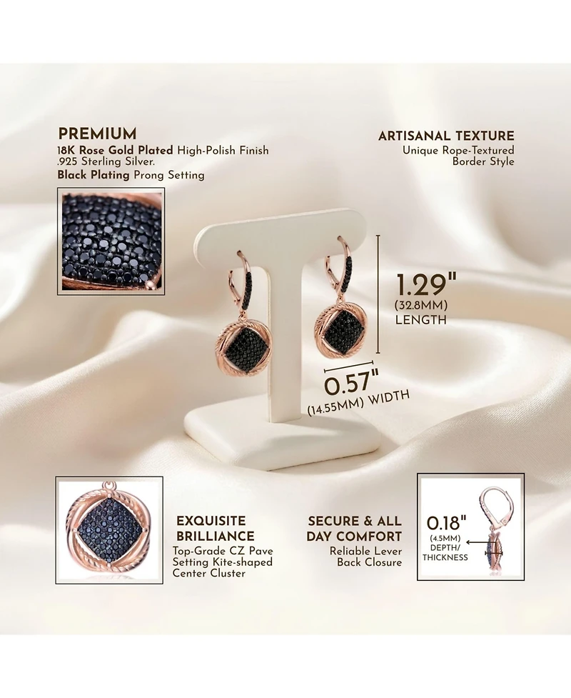 18K Rose Gold and Black Plated Sterling Silver Cubic Zirconia Dangling Earrings