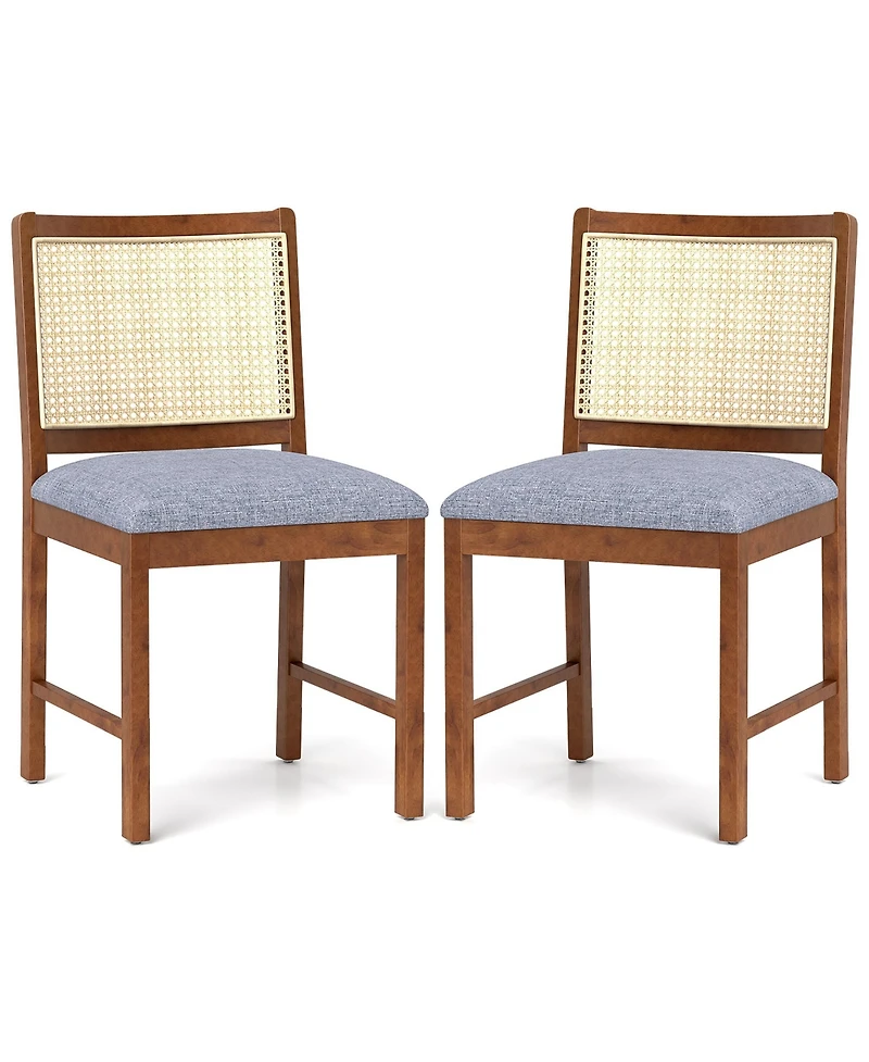 Gymax Rattan Dining Chair Set of 2 w/ Rubber Wood Frame Linen Fabric Padded Seat