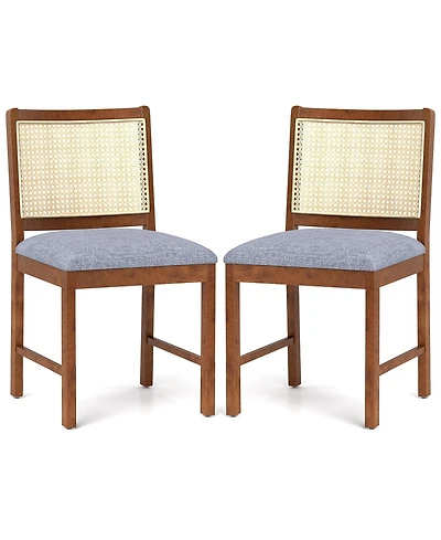Gymax Rattan Dining Chair Set of 2 w/ Rubber Wood Frame Linen Fabric Padded Seat