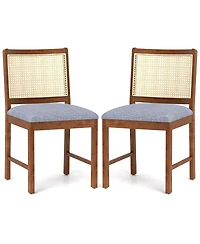 Gymax Rattan Dining Chair Set of 2 w/ Rubber Wood Frame Linen Fabric Padded Seat