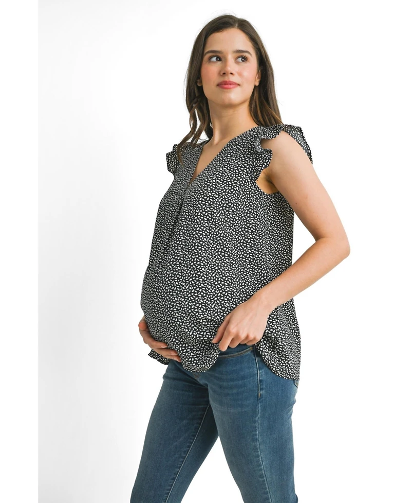 Hello Miz Women's Printed Flutter Cap Sleeve V-Neck Maternity Top