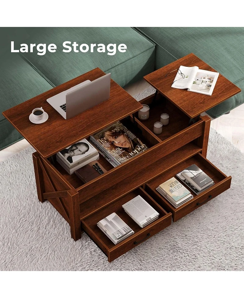 homfan Lift-Top Coffee Table with 2 Drawers, Hidden Compartment and Open Shelf, Convertible Living Room Center Table, Engineered Wood