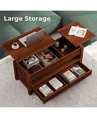 homfan Lift-Top Coffee Table with 2 Drawers, Hidden Compartment and Open Shelf, Convertible Living Room Center Table, Engineered Wood