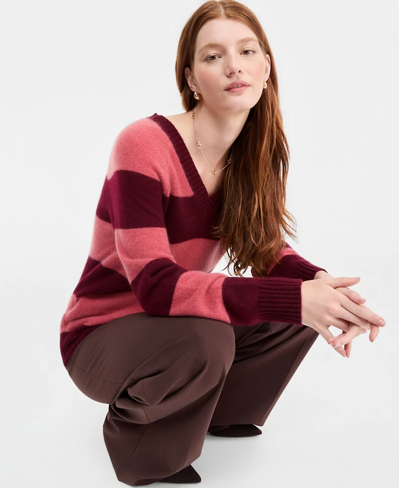 Charter Club Women's 100% Cashmere Striped V-Neck Sweater, Macy's Exclusive