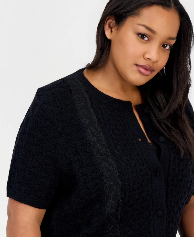 And Now This Trendy Plus Short-Sleeve Pointelle Lace-Hem Cardigan, Macy's Exclusive