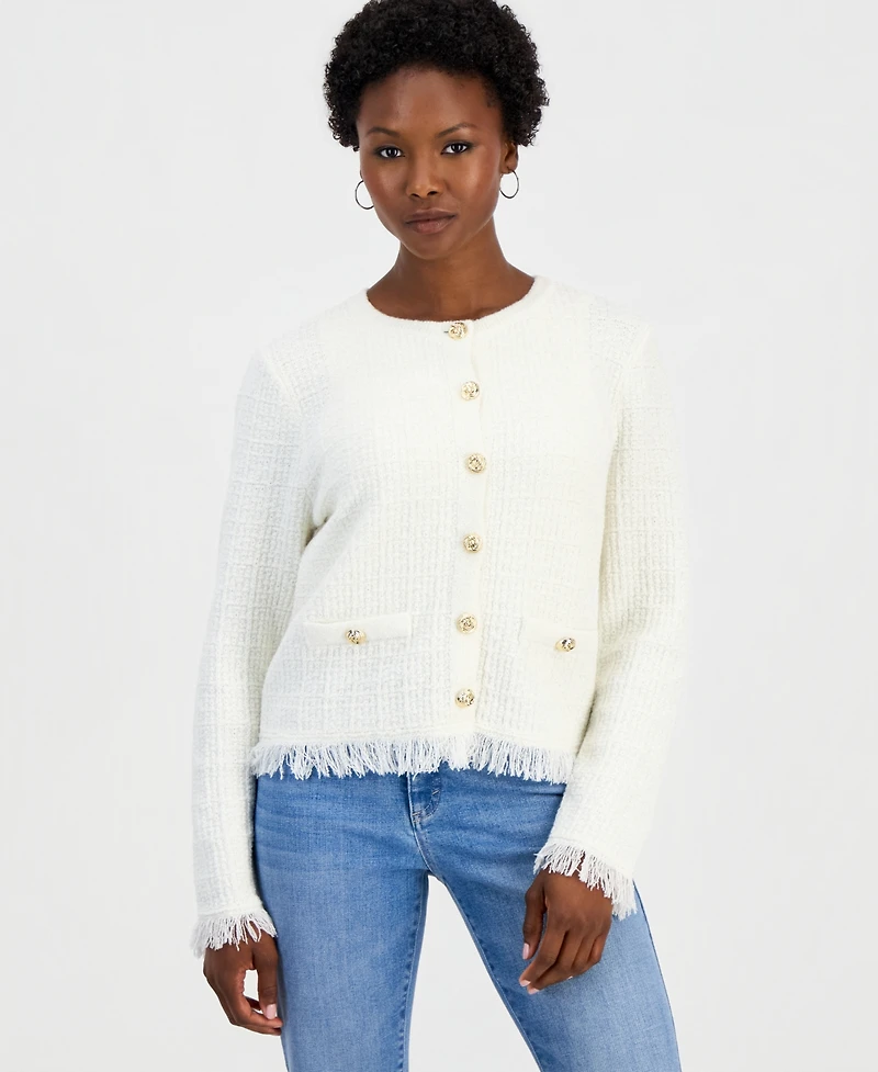 I.n.c. International Concepts Petite Frayed Button Down Textured-Knit Cardigan, Macy's Exclusive