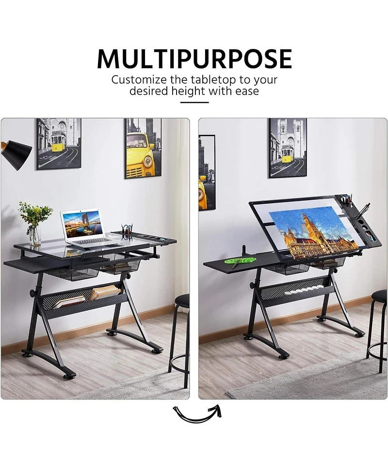 gaomon Drafting Table with Stool, Drawing Desk Adjustable Height and Tilting Glass Tabletop, Paintings Work Station for Studio, Home Office