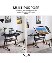gaomon Drafting Table with Stool, Drawing Desk Adjustable Height and Tilting Glass Tabletop, Paintings Work Station for Studio, Home Office
