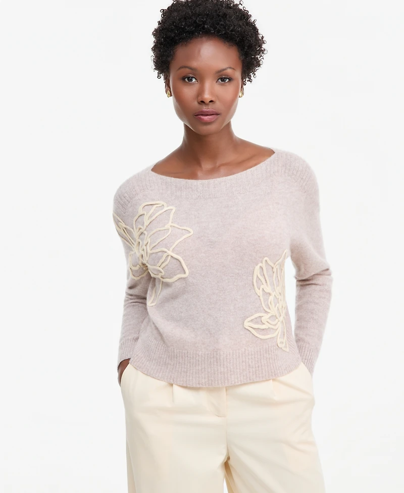Charter Club Petite Bold Floral Embroidery Cashmere Sweater, Exclusively at Macy's