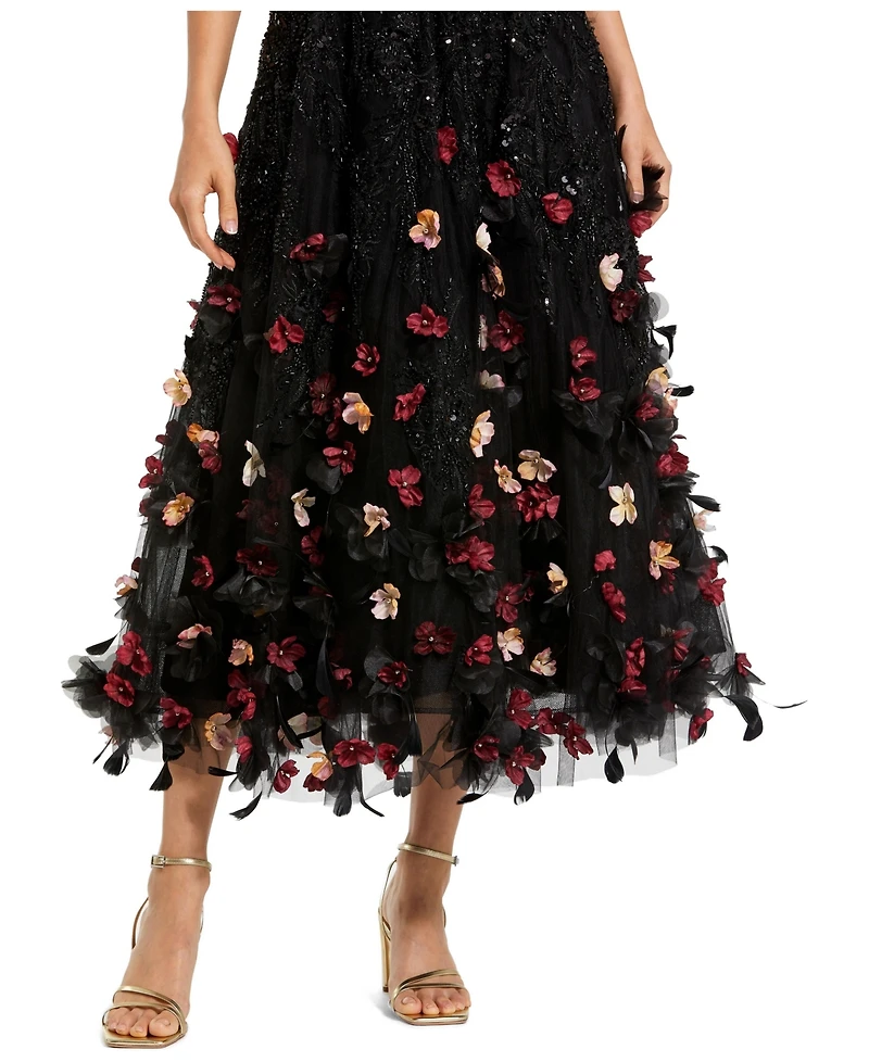Mac Duggal Petite Black Sleeveless Beaded Midi Dress With 3D Flowers