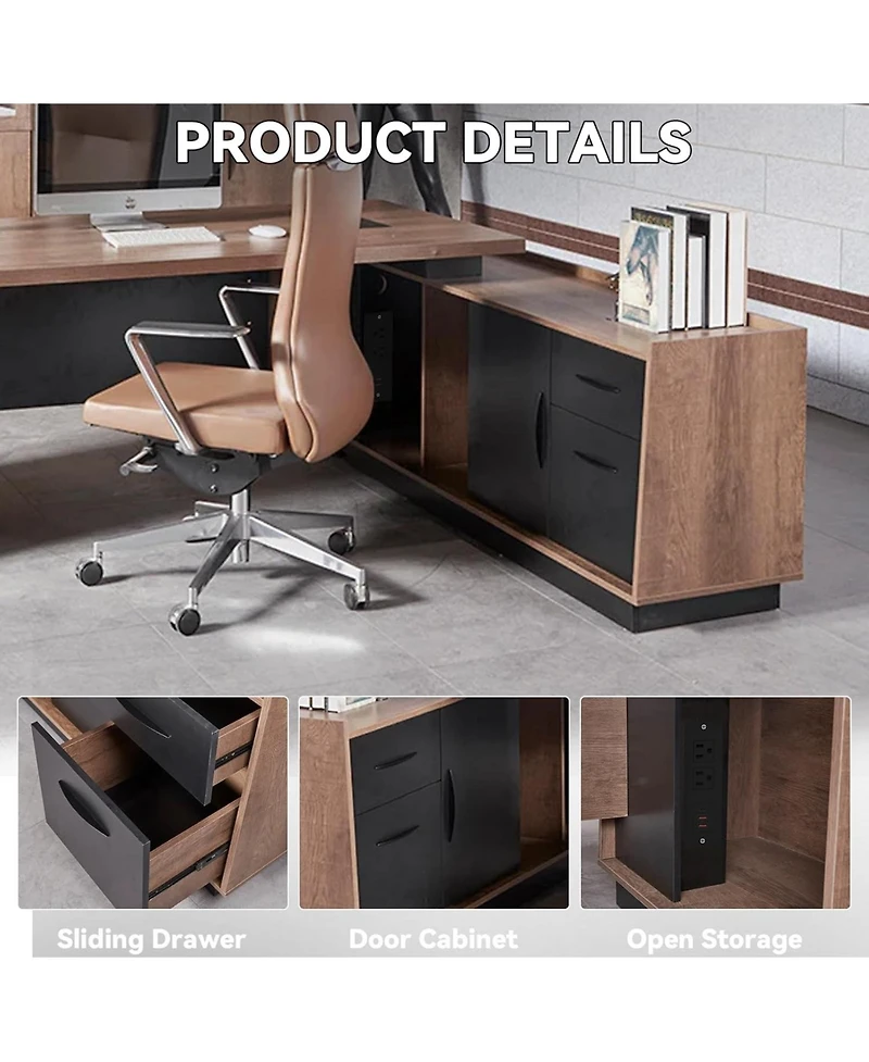 logicfox Adjustable Width 70.8 In to 78.74IN L Shape Executive Office Desk with Cabinets