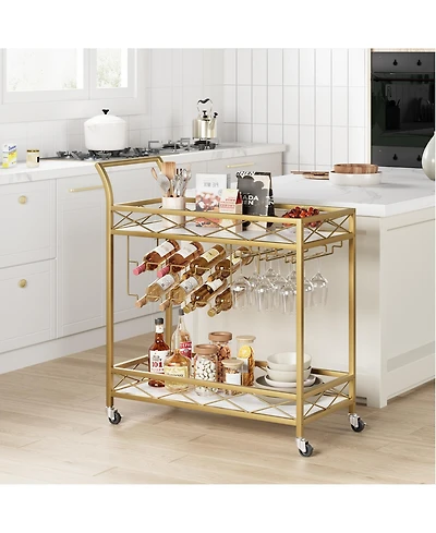 homfan Gold 2-Tier Bar Cart with Wheels, White Marble Finish Shelf, Wine Rack and Glass Holder for Kitchen