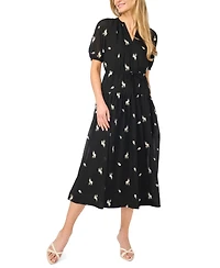 CeCe Women's Printed V-Neck Tie-Waist Midi Dress