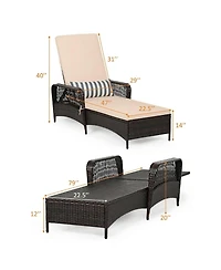 Sugift Pe Wicker Chaise Lounge with 6-Gear Adjustable Backrest and Lumbar Pillow