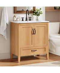 Busdays Bathroom Vanity with Ceramic Sink Solid Wood Legs Soft Close Double Doors Drawer Adjustable Shelf Door Organizers