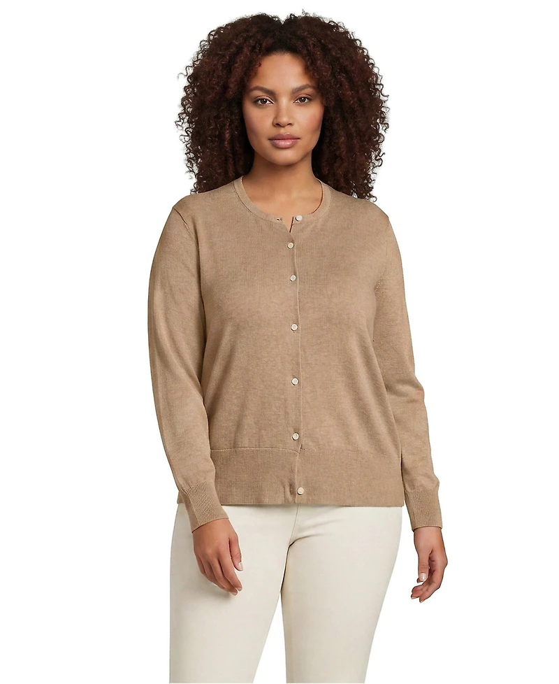 Lands' End Plus Fine Gauge Cotton Crew Cardigan Sweater