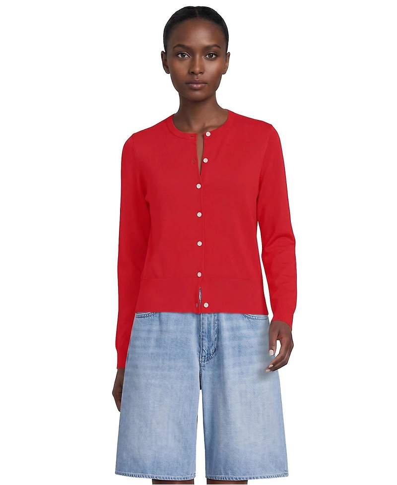 Lands' End Women's Fine Gauge Cotton Crew Cardigan Sweater