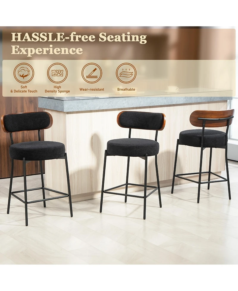 Dyhome 24 inches Bar Stools Set of 3, Counter Height with Boucle Fabric and Wood Back