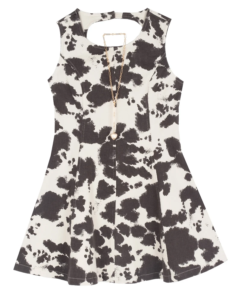 Rare Editions Girls' 7-16 Cow Print Twill Paneled A-Line Dress with Necklace
