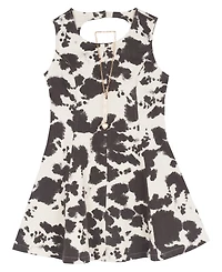 Rare Editions Girls' 7-16 Cow Print Twill Paneled A-Line Dress with Necklace
