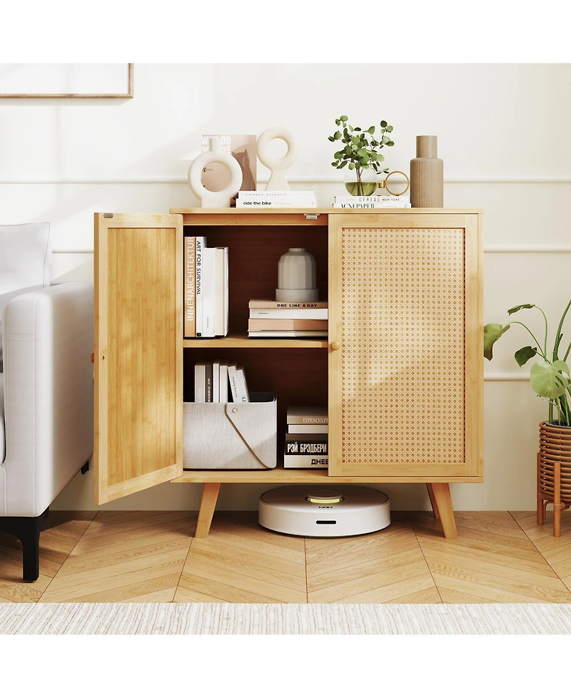 Gouun Bamboo Buffet Storage Cabinet with Pe Rattan Doors, 31.5 x 13.5 x 33.5