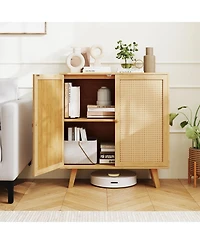 Gouun Bamboo Buffet Storage Cabinet with Pe Rattan Doors, 31.5 x 13.5 x 33.5