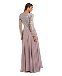 Mac Duggal Women's Embellished Illusion V Neck Long Sleeve Gown