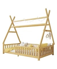 Streamdale Furniture Kids House Bed with Light, Low Floor, Fence and Roof