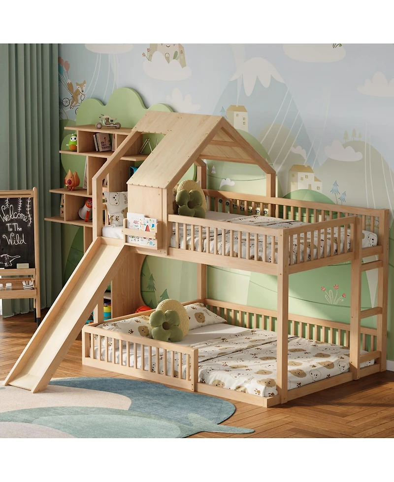 Streamdale Furniture Wood Floor House Bunk Bed with Slide and Ladder